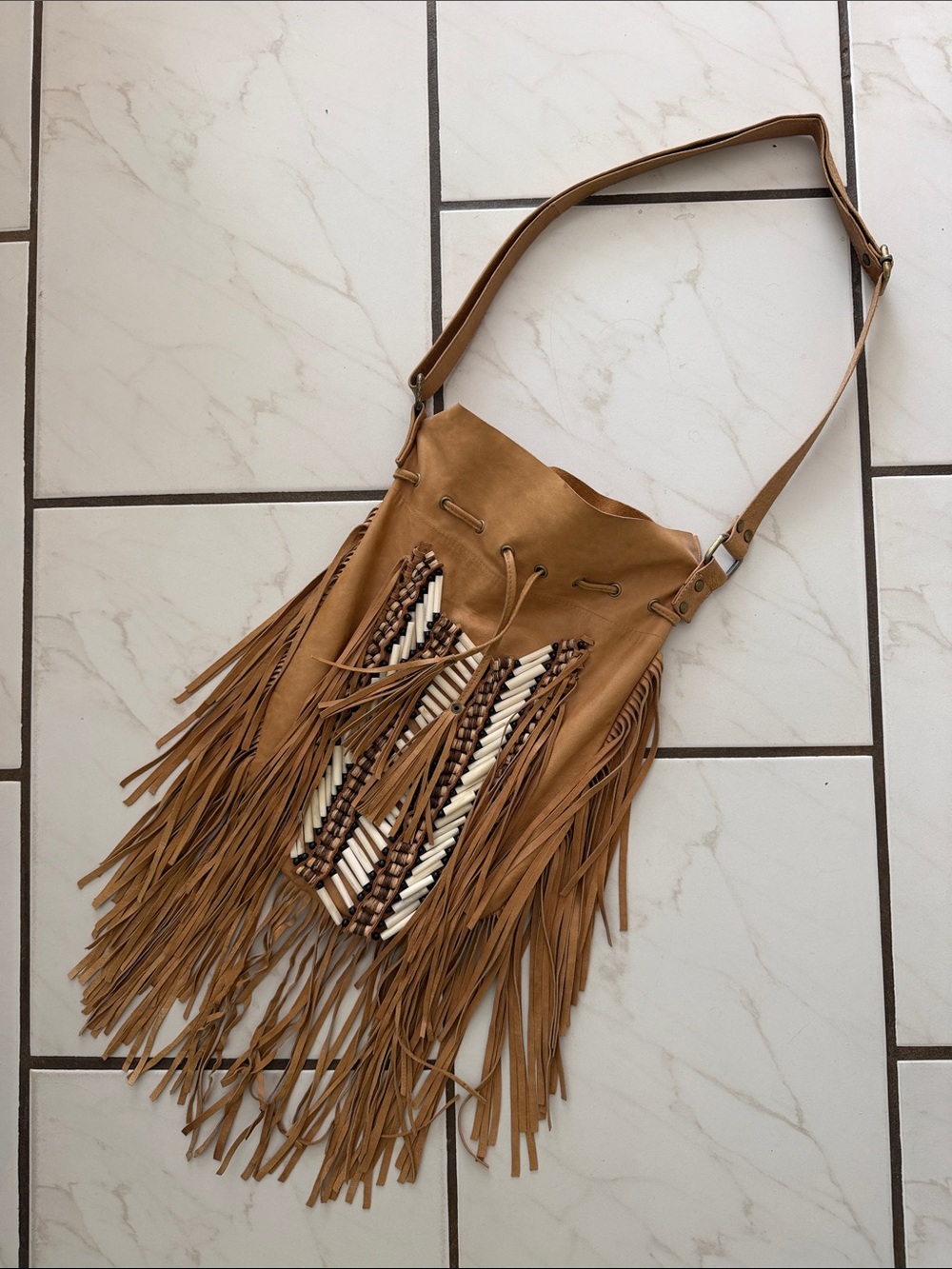 Fringe Beaded Drawstring Crossbody Bag - Tan